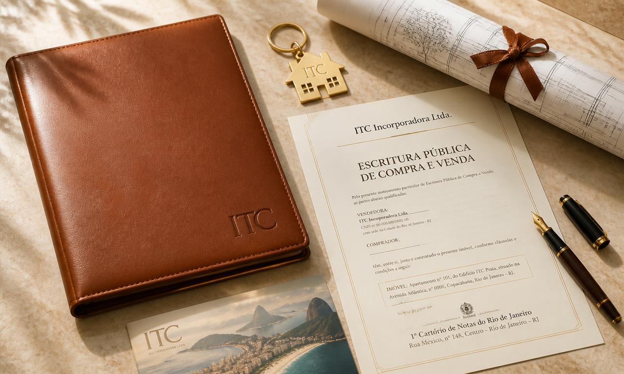Escritura pública de compra e venda da ITC Incorporadora Ltda. com porta-documentos e chave