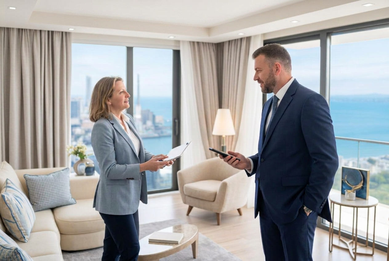 Corretora apresentando apartamento com vista para o mar a um cliente
