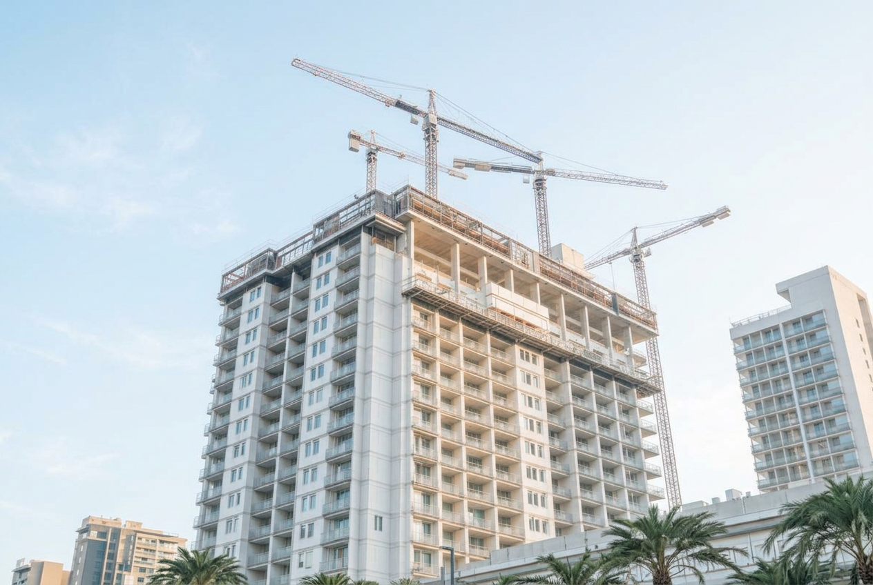 Edifício residencial em construção com guindastes ao entardecer