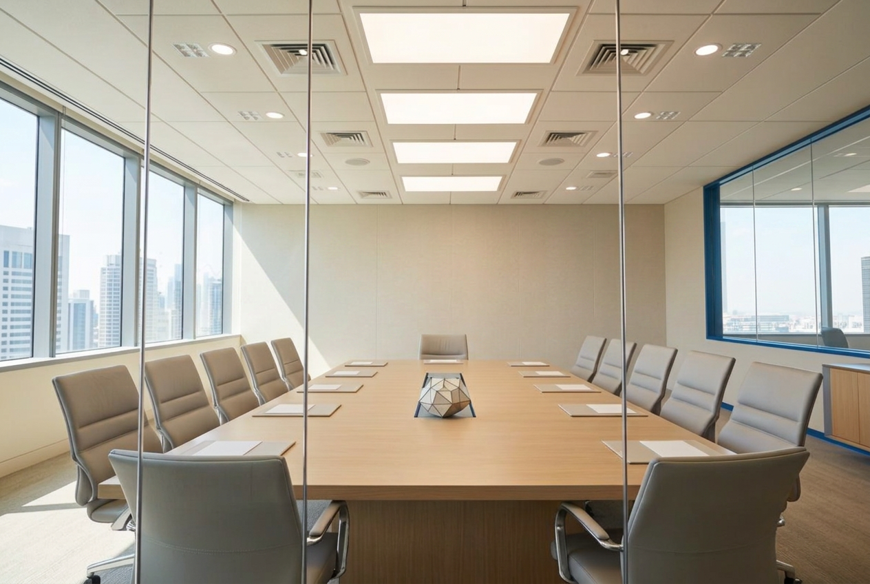 Sala de reuniões corporativa elegante com vista para a cidade